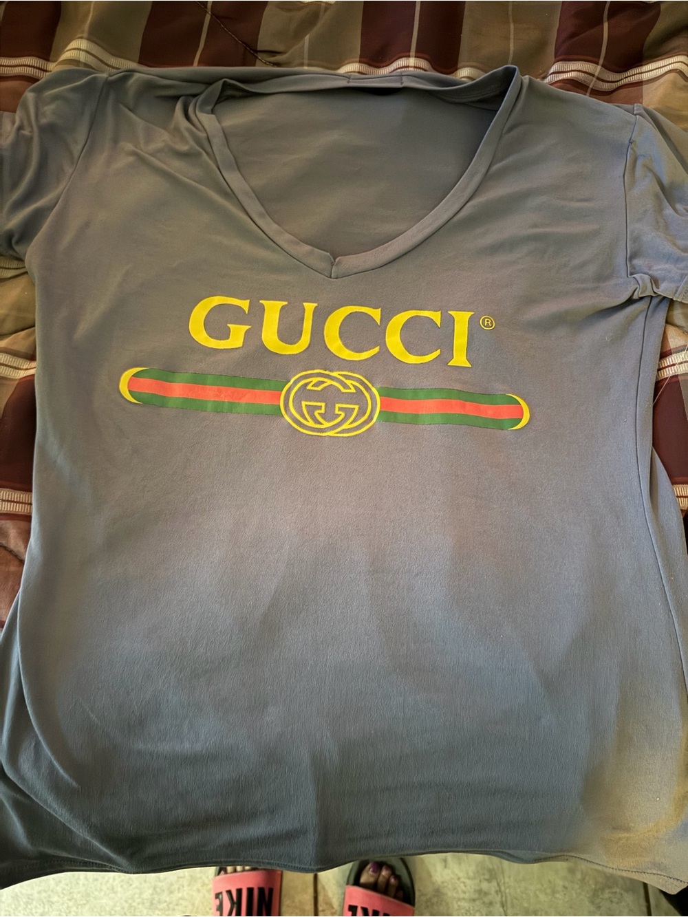 Gucci Gray Short Sleeve Tee with Yellow Logo and Green-Red Stripe